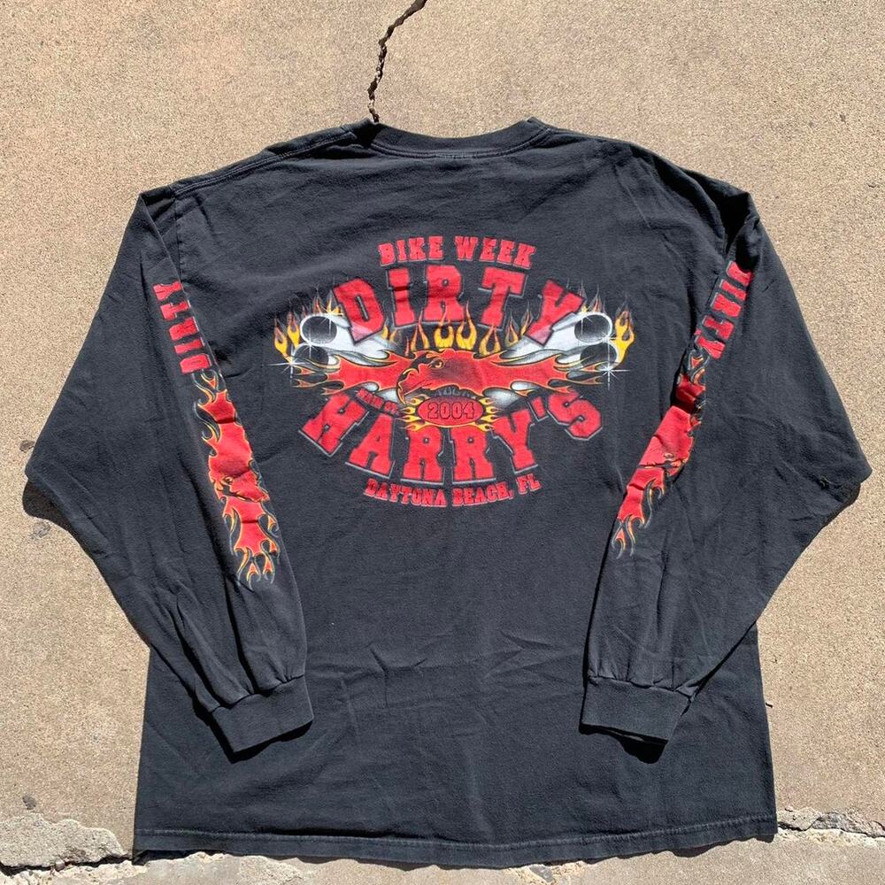 Y2K Bike Week Flame Sleeve faded black T-shirt